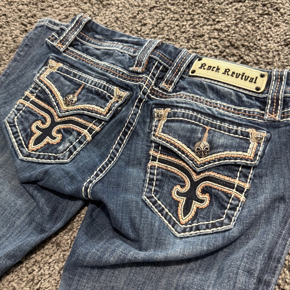 Y2K Rock Revival Straight Jeans Womens Blue Excellent Flap Pocket 0000334 26